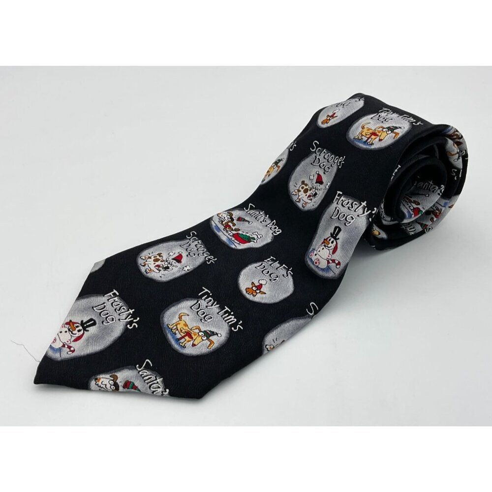 American Greetings Mens Vintage Novelty Silk Tie Snow Dogs Holiday Theme Black